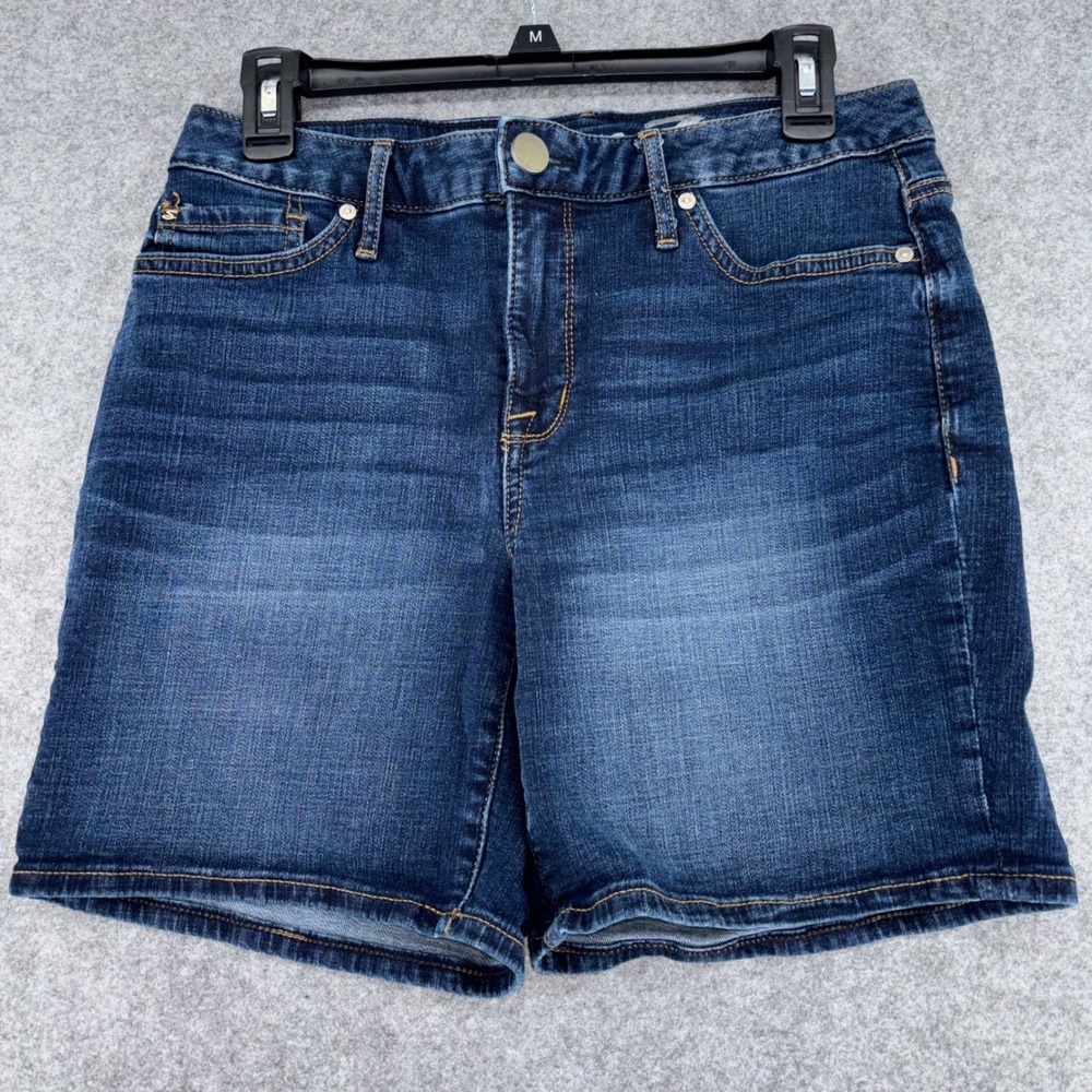 Seven7 Womens Dark Wash Embroidered Back Pocket Denim Shorts Size 6 Mid Rise